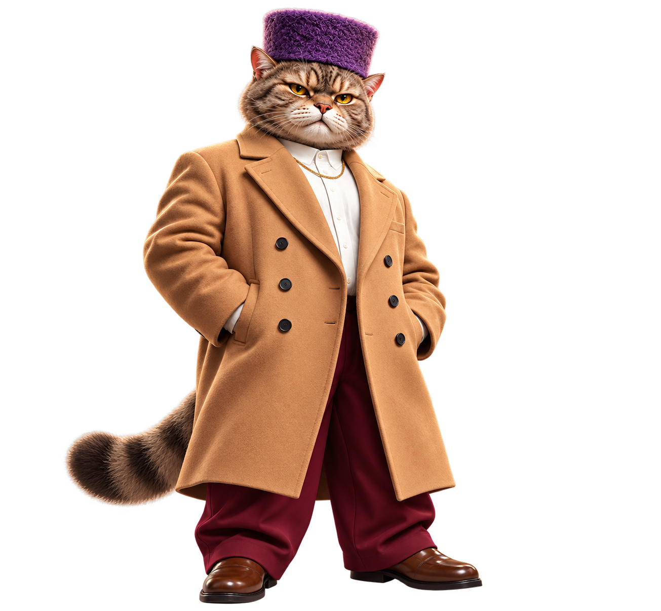 HiggsCat, a cat in a camel coat and purple hat